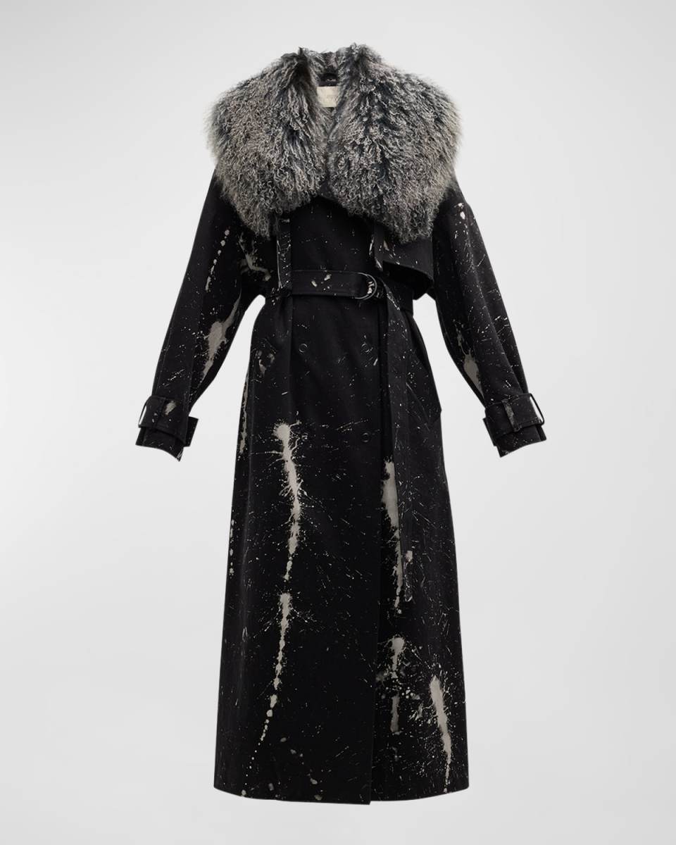 Long Bleached Denim Double-Breasted Trench Coat with Mongolian Fur Collar
