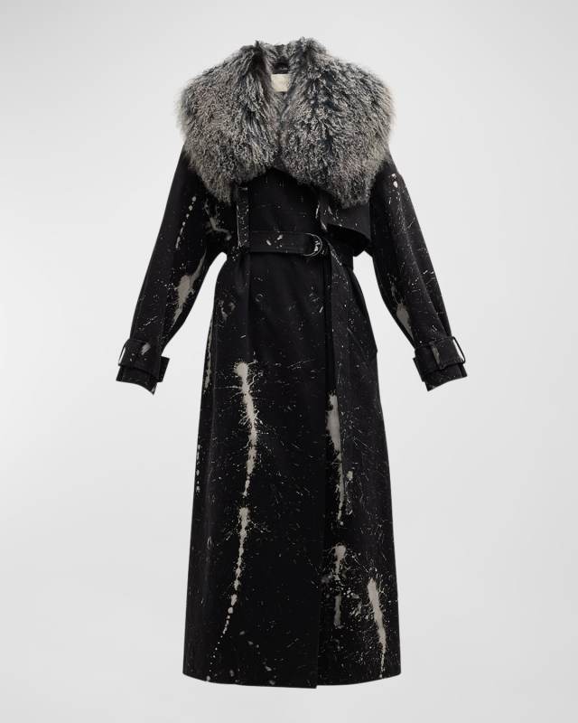 Long Bleached Denim Double-Breasted Trench Coat with Mongolian Fur Collar