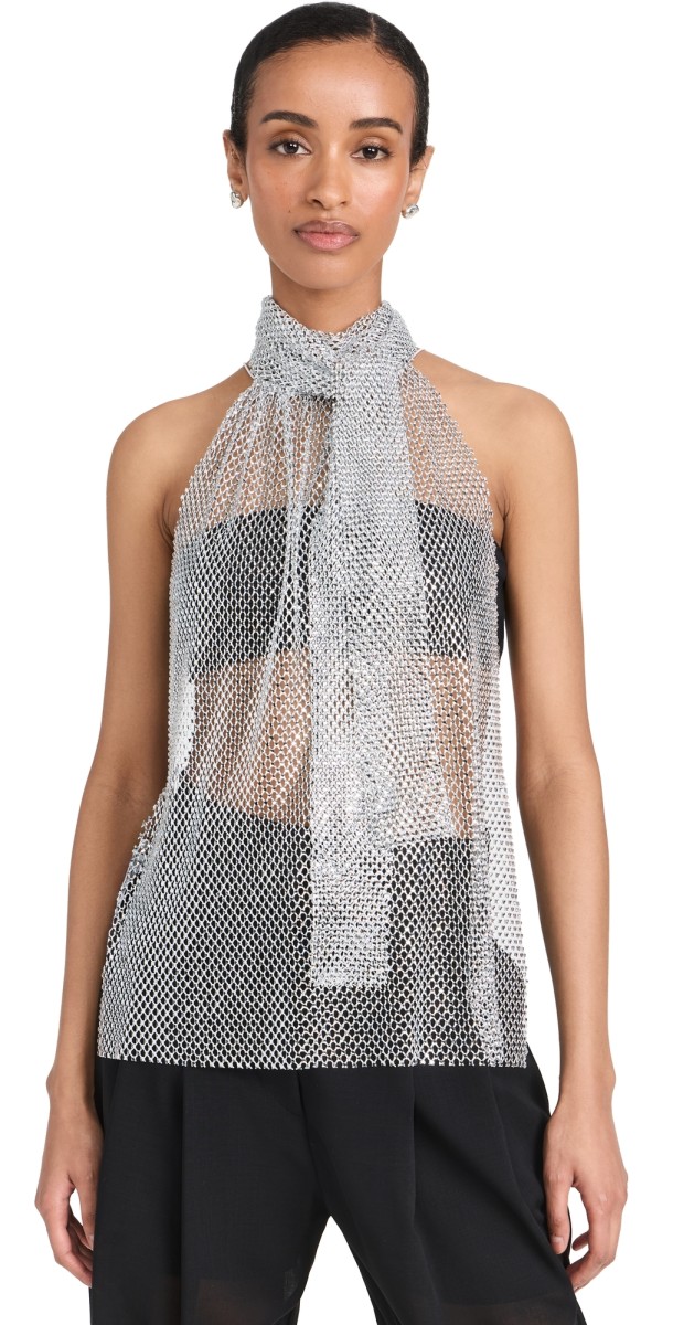 Philosophy di Lorenzo Serafini Rhinestones Net Halter Top Fantasy Print Silver