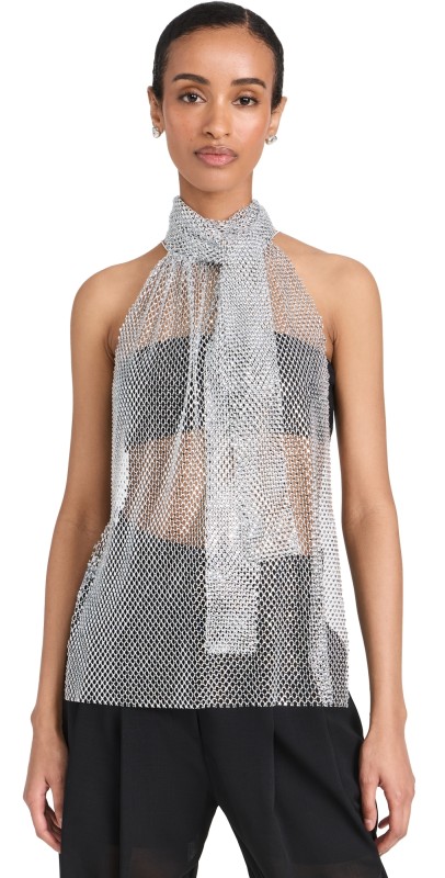 Philosophy di Lorenzo Serafini Rhinestones Net Halter Top Fantasy Print Silver