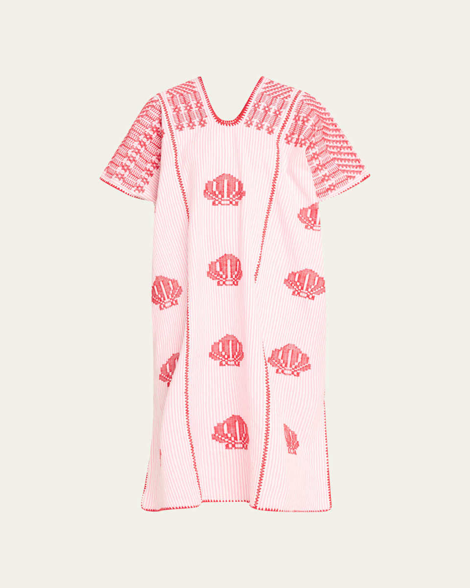 Three-Panel Midi Kaftan in White and Pink Stripe with Red Shells Design