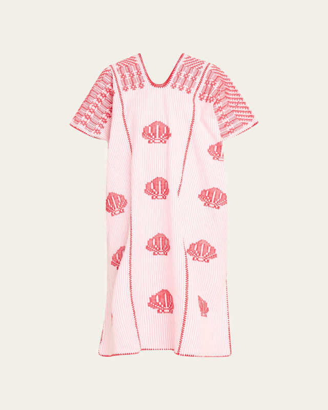 Three-Panel Midi Kaftan in White and Pink Stripe with Red Shells Design