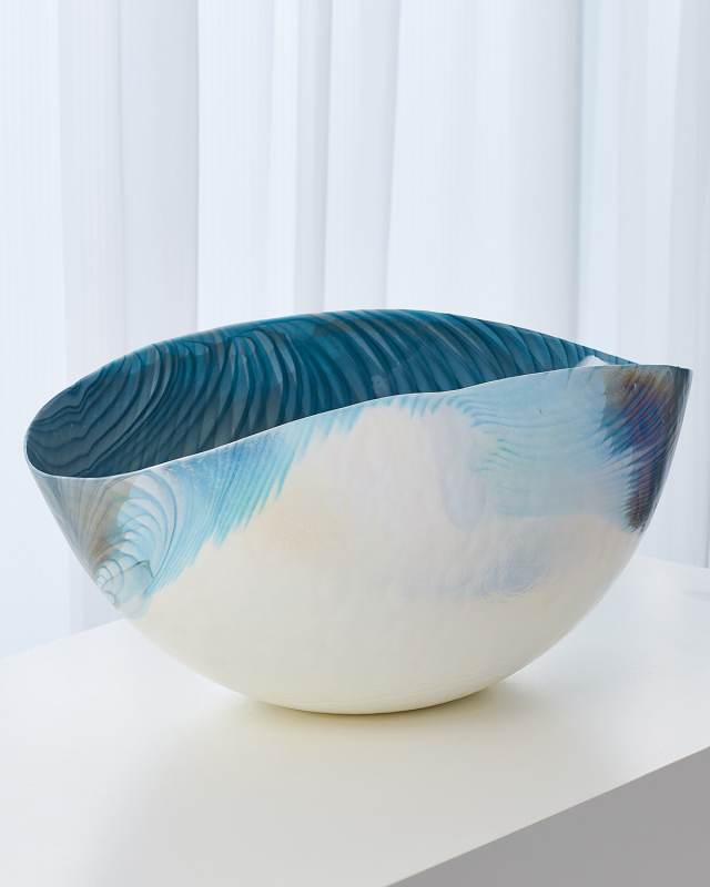 Ivory Turquoise Feather Swirl Oval Bowl - Large
