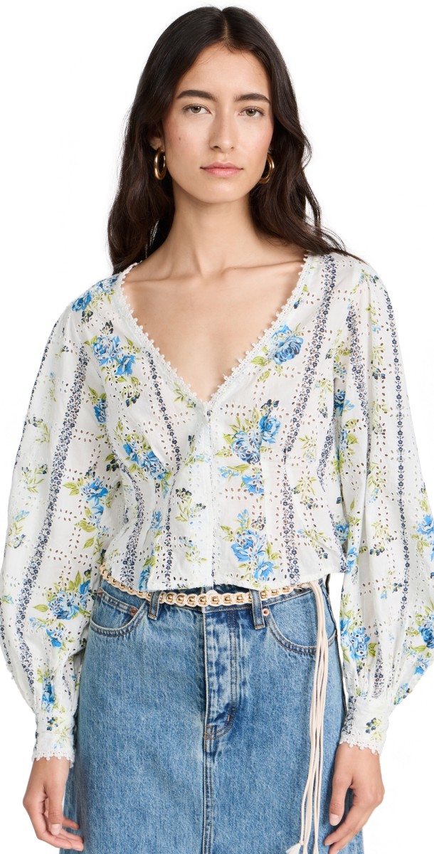 Free People Blossom Eyelet Top Bright White Combo