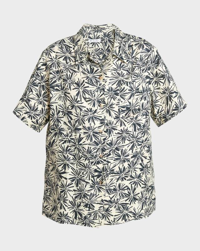 Isobel Flowers-Print Short-Sleeve Linen Button-Down Shirt