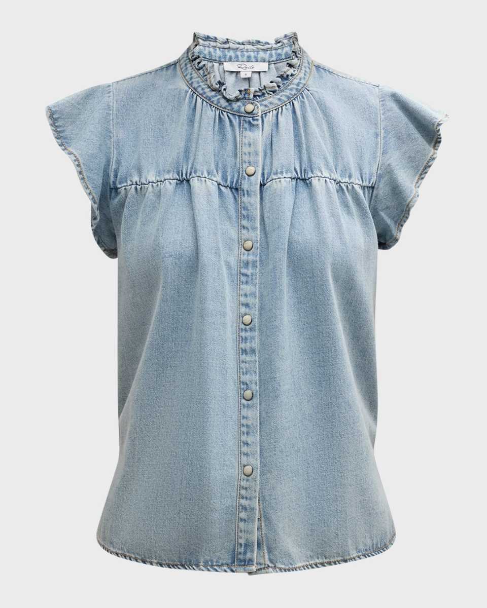 Ruthie Flutter-Sleeve Denim Blouse