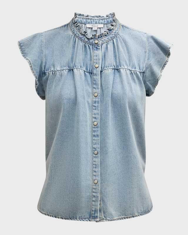 Ruthie Flutter-Sleeve Denim Blouse