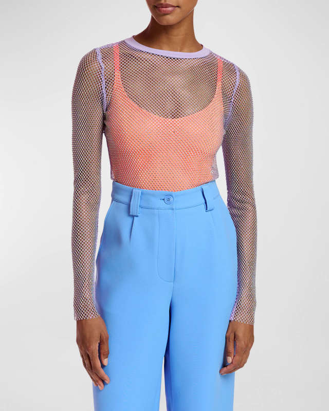 Fkatwigs Rhinestone-Embellished Long-Sleeve Mesh Top