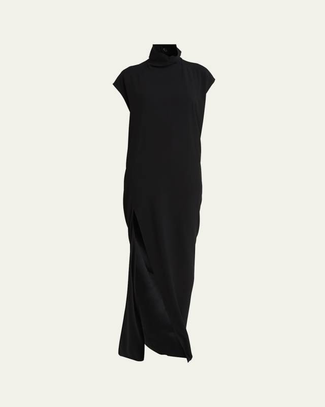 Short-Sleeve Mock-Neck Slit Gown with Train