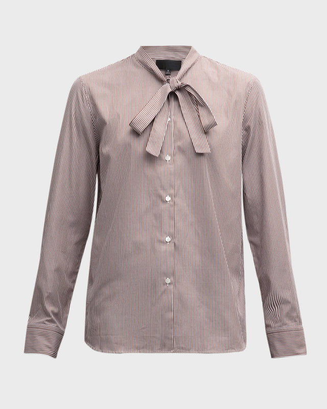 Suzette Button-Front Tie-Neck Silk Top