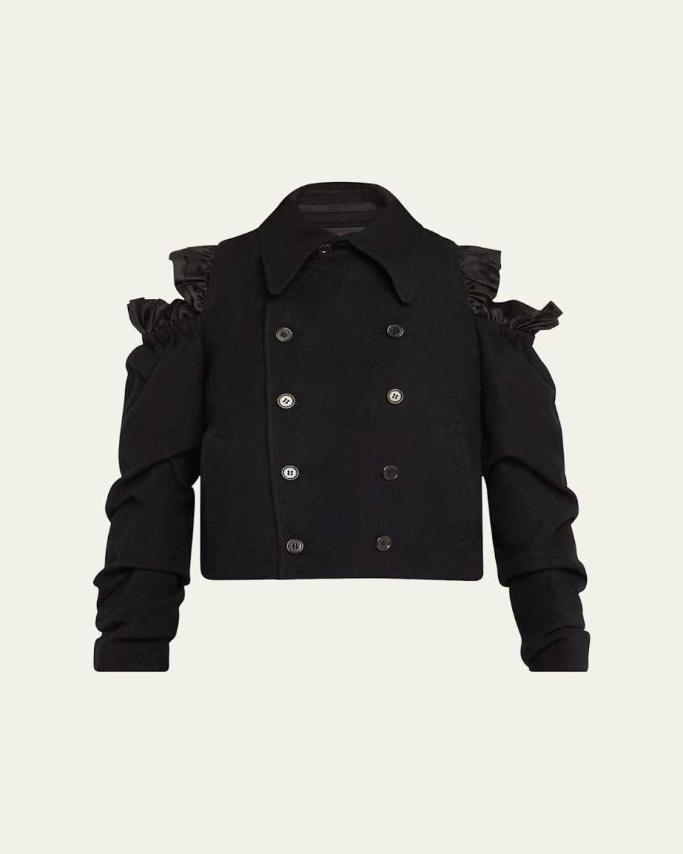 Ruffle Cutout Shoulder Double-Breasted Wool Jacket