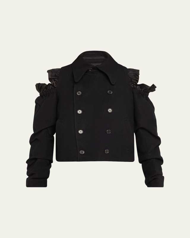 Ruffle Cutout Shoulder Double-Breasted Wool Jacket