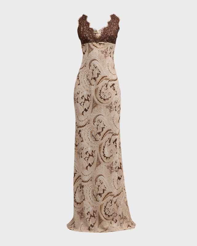 Paisley-Printed Susanna Lace Bodice Slip Dress