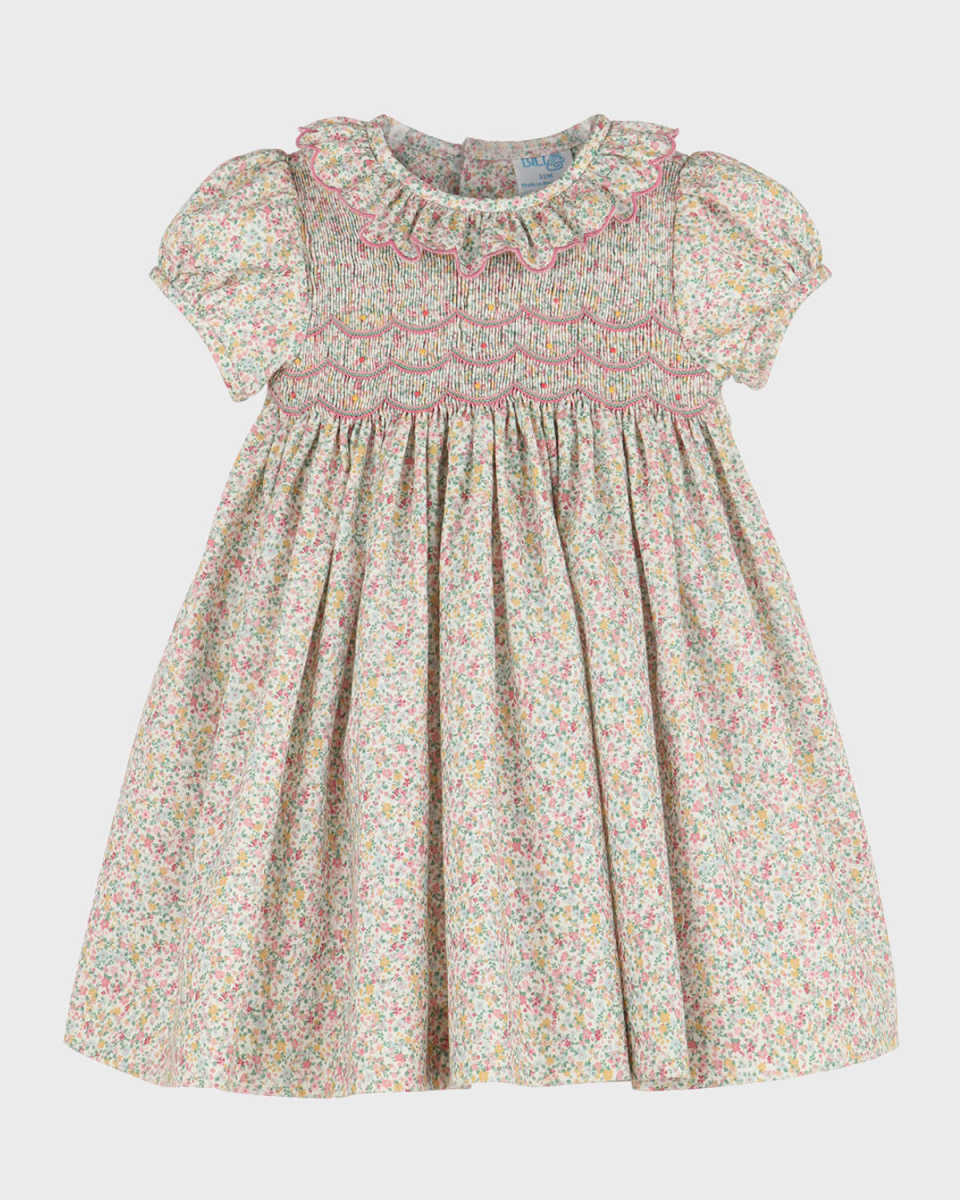 Girl's Floral-Print Scallop Smocked Dress, Size 12M-3