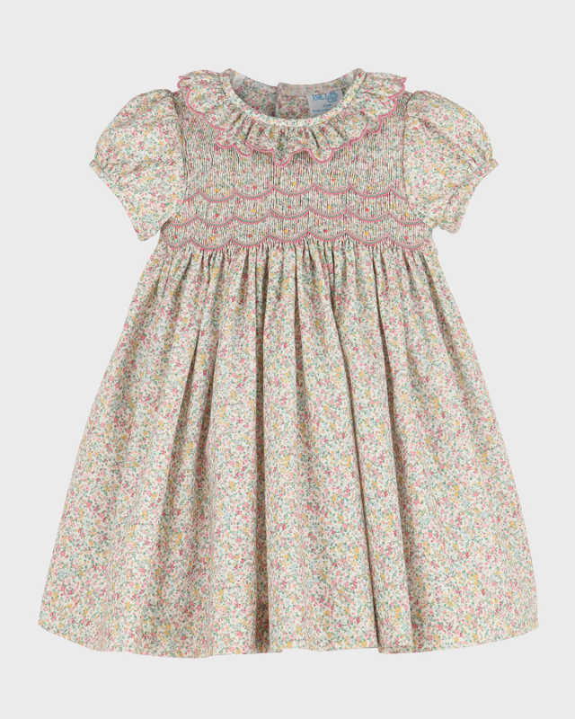 Girl's Floral-Print Scallop Smocked Dress, Size 12M-3