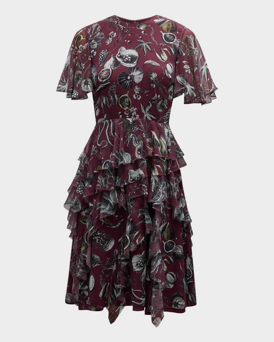 Marine Print Chiffon Day Dress with Ruffle Detail