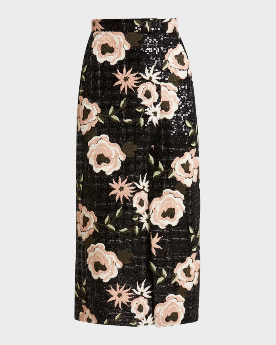 Floral Embroidered Paillette Tweed Midi Wrap Skirt