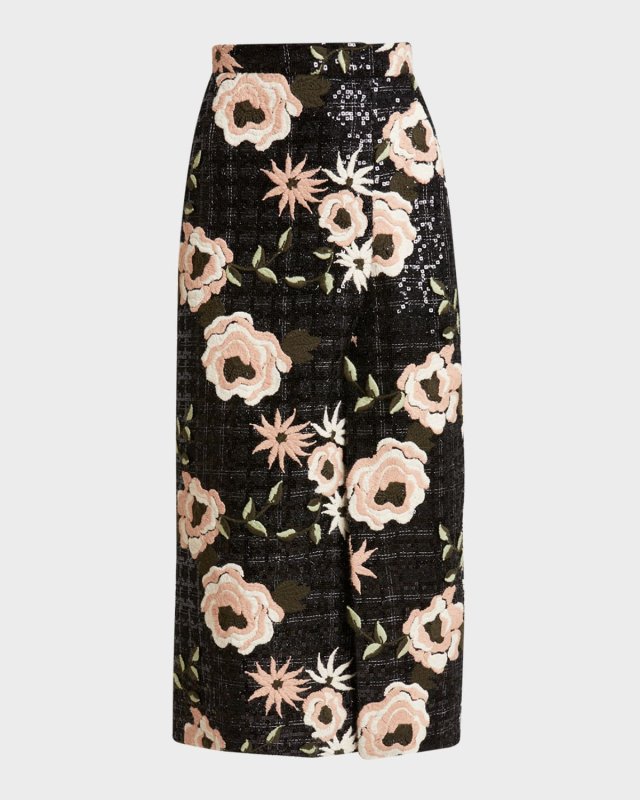 Floral Embroidered Paillette Tweed Midi Wrap Skirt