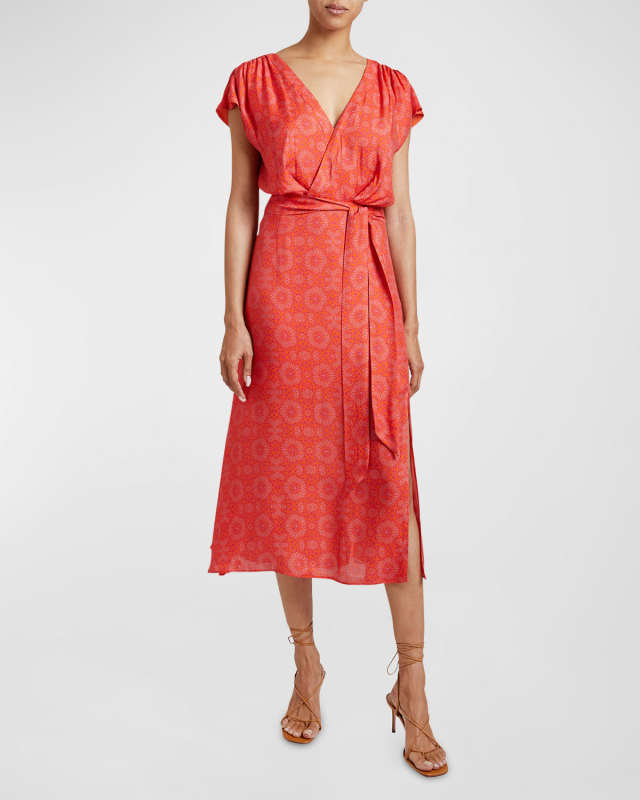 Fara Geometric-Print Faux-Wrap Midi Dress