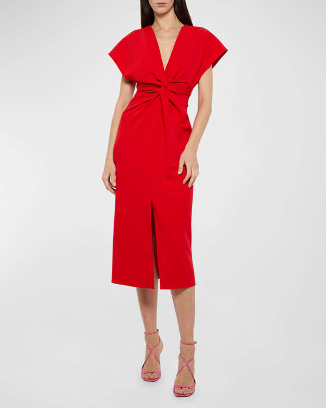 Jackie Twisted Cap-Sleeve Slit-Hem Midi Dress
