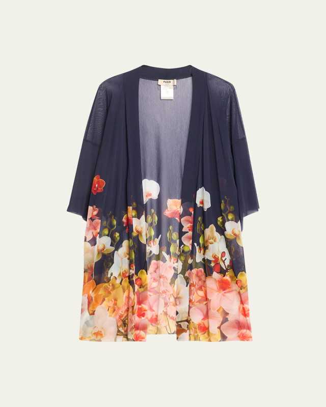 Open-Front Floral-Print Tulle Cardigan