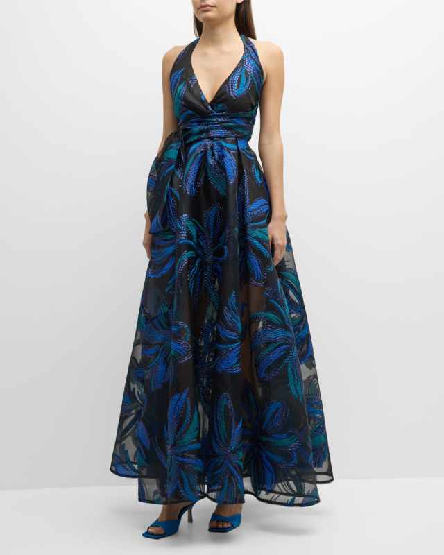 Metallic Wheel Flower Jacquard Organza Halter Gown