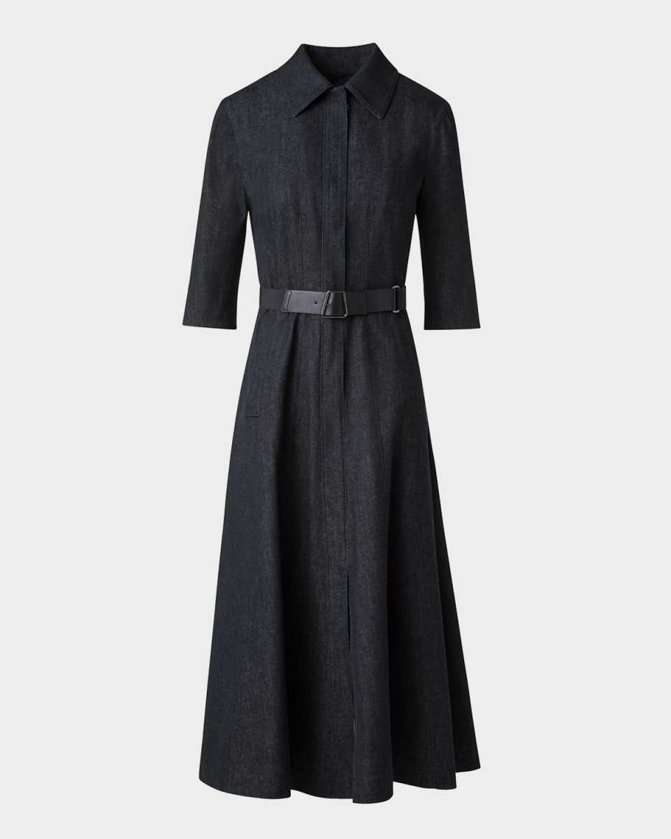 Belted Zip-Front Denim Midi Shirtdress