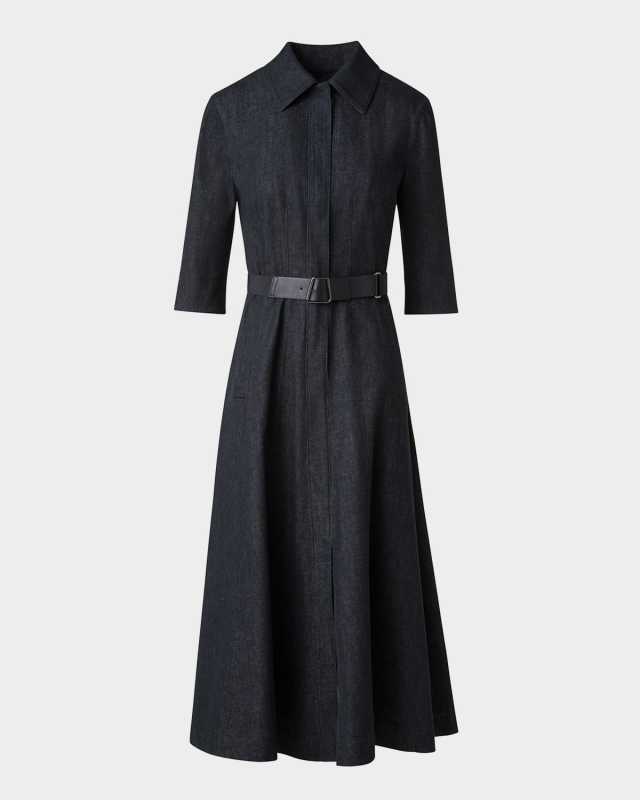 Belted Zip-Front Denim Midi Shirtdress