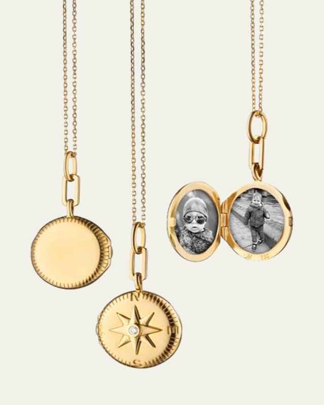 Gold Round Compass Locket w/ Center White Diamond On A 17 Diamond Cut Disappearing Chain w/ Loop At 16