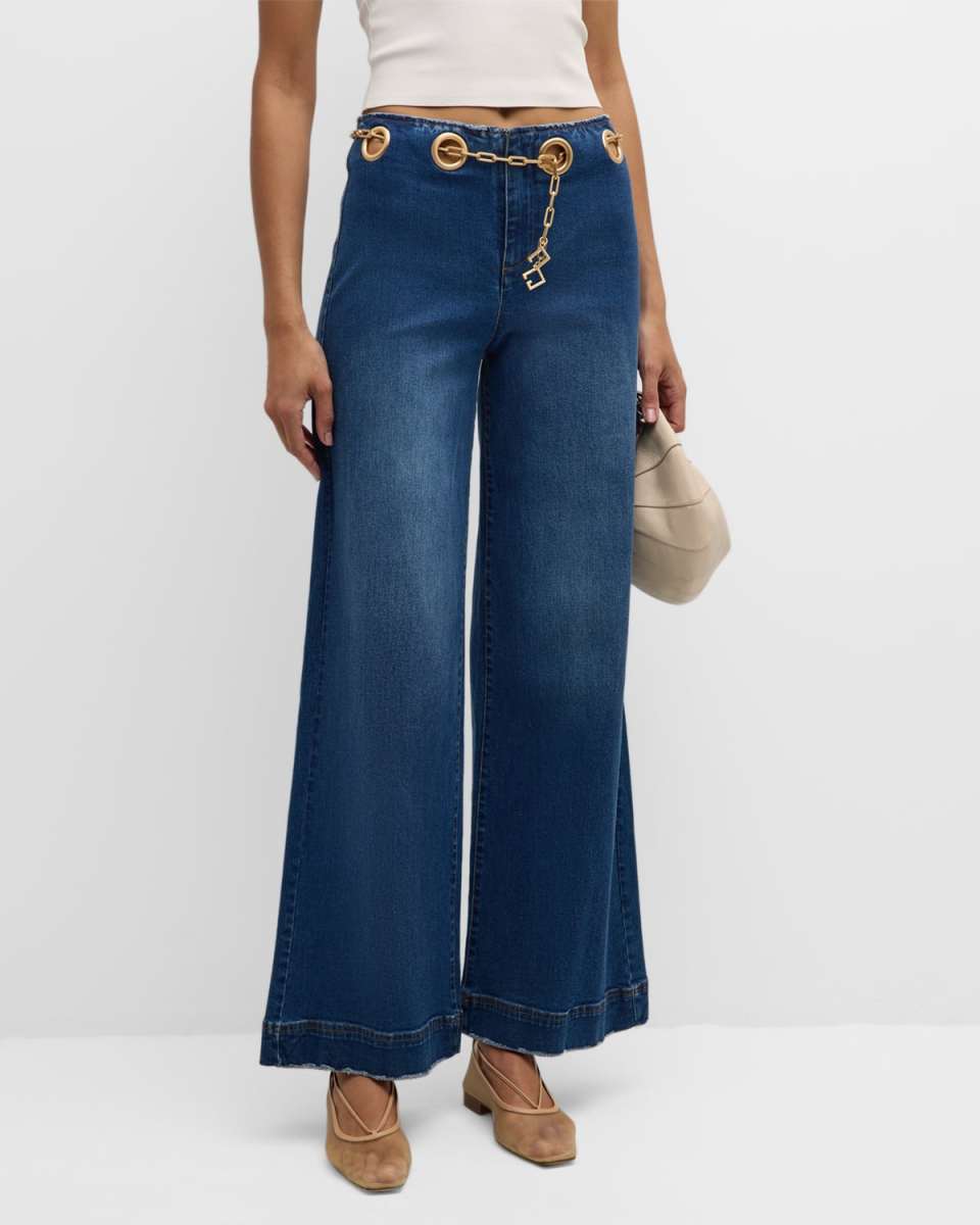 Sydney Belted Grommet Wide-Leg Denim Pants