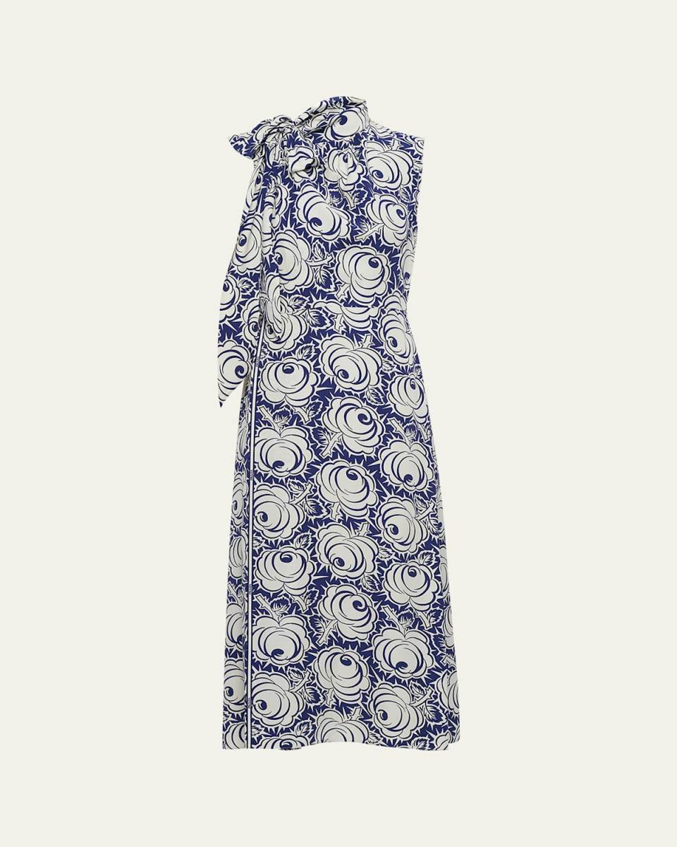 Floral-Print Midi Dress with Scarf Neck