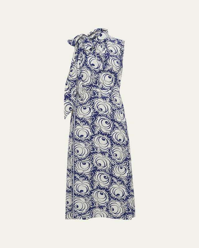 Floral-Print Midi Dress with Scarf Neck