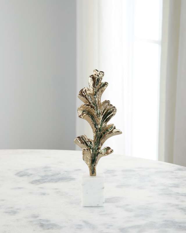 Gleaming Leaf Sculpture on Marble Base, Medium