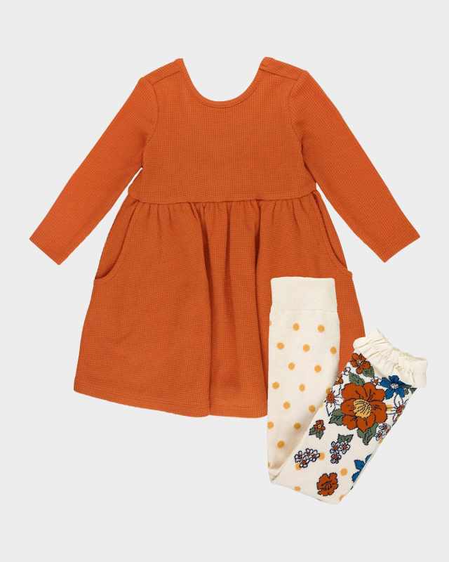 Girl's Rust Dress & Harvest Floral Tights Set, Size 6M-8