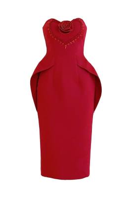 DO LONG MORRIS RED PENCIL SEMI-HEART NECK ORGANDY MIDI DRESS