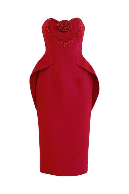 DO LONG MORRIS RED PENCIL SEMI-HEART NECK ORGANDY MIDI DRESS
