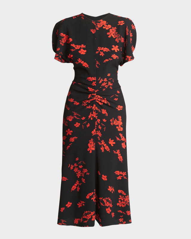 Gathered Waist Floral Print Midi Dress