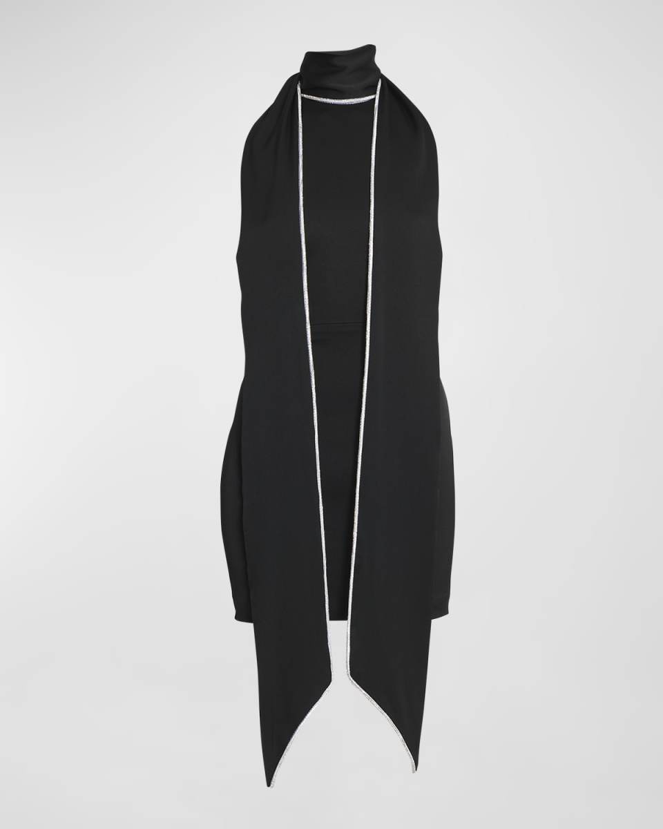 Crystal Trimmed Scarf Mini Satin Dress