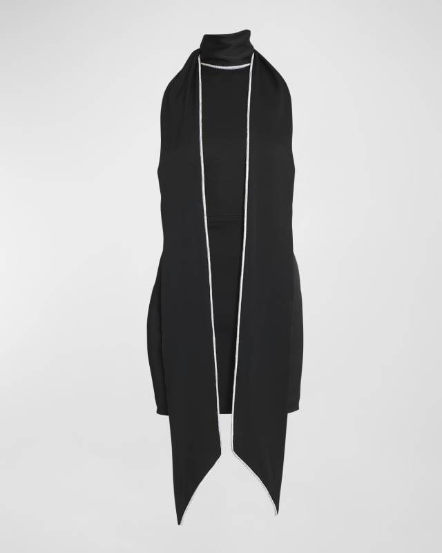 Crystal Trimmed Scarf Mini Satin Dress