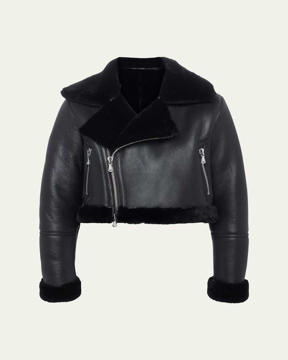 Pike Cropped Lambskin Leather Jacket with Shearling Tr