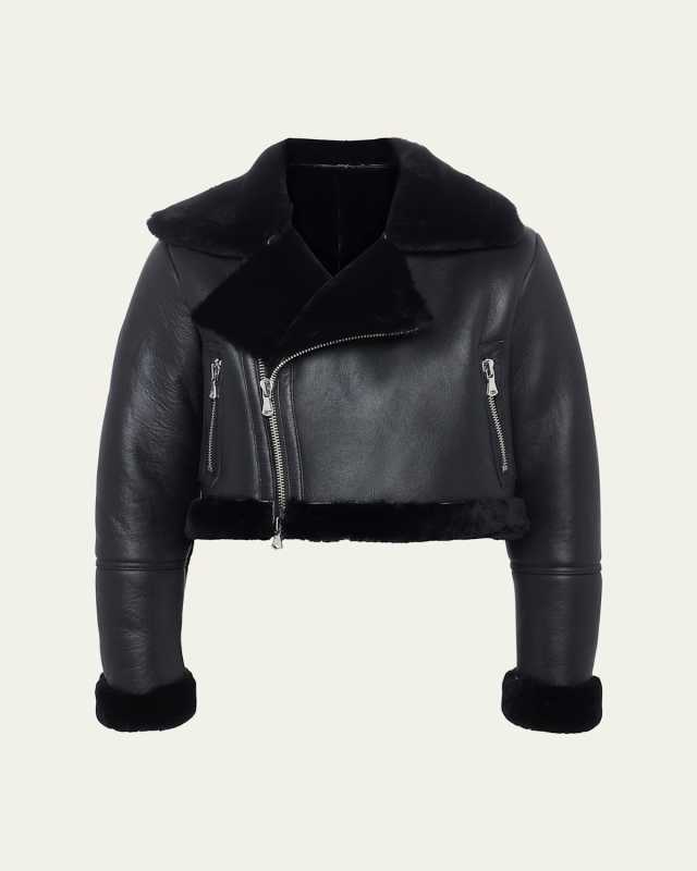 Pike Cropped Lambskin Leather Jacket with Shearling Tr