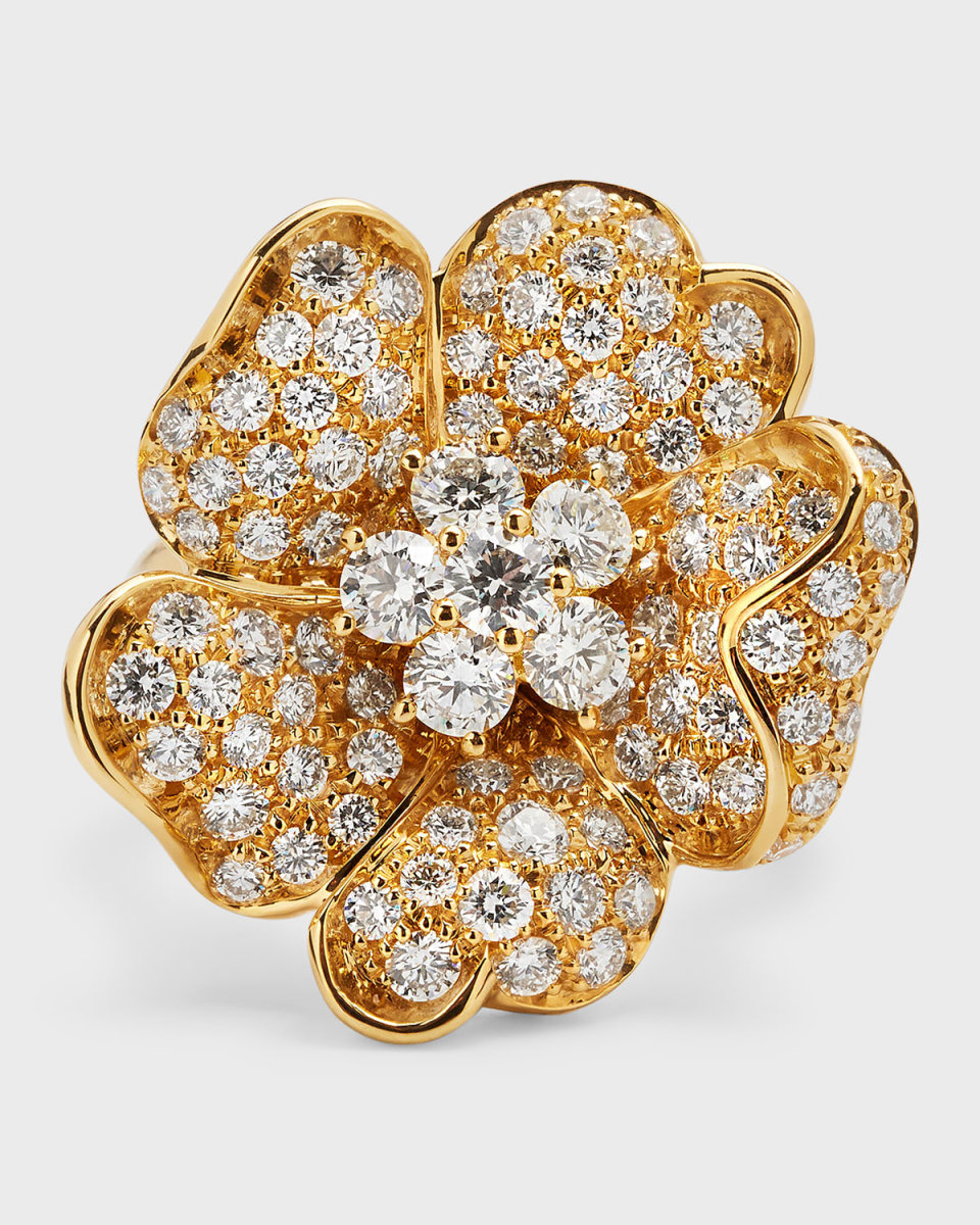 18k Yellow Gold Pave Diamond Flower Ring, Size 6