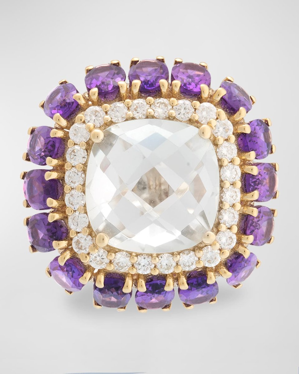 18K Yellow Gold Diamond, Prasiolite, and Amethyst Ring