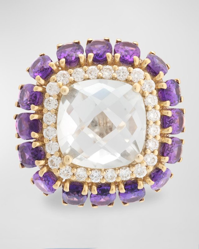 18K Yellow Gold Diamond, Prasiolite, and Amethyst Ring