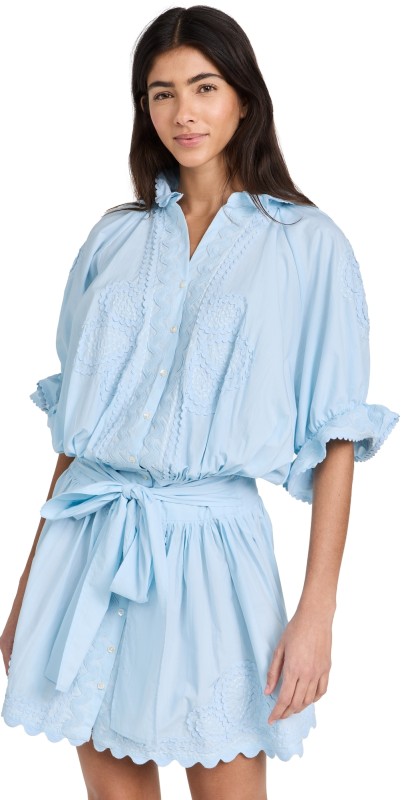 Juliet Dunn Poplin Blouson Dress Pale Blue