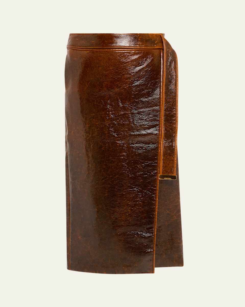 The Evelyn Lacquered Wool-Blend Wrap Midi Skirt