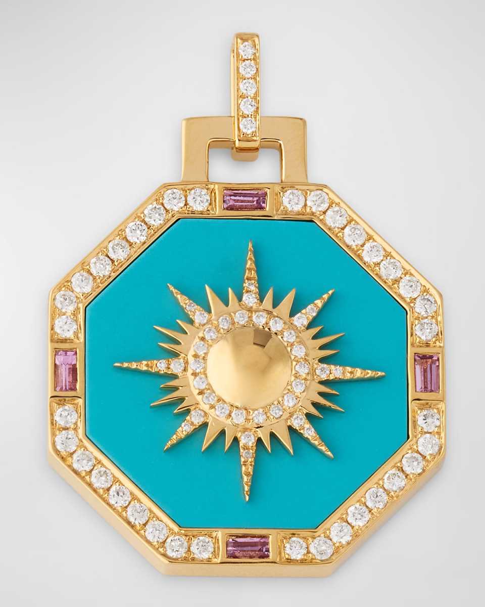 18K Yellow Gold Pendant with Turquoise, Sapphires and GH/Si Diamonds, 30x25mm.