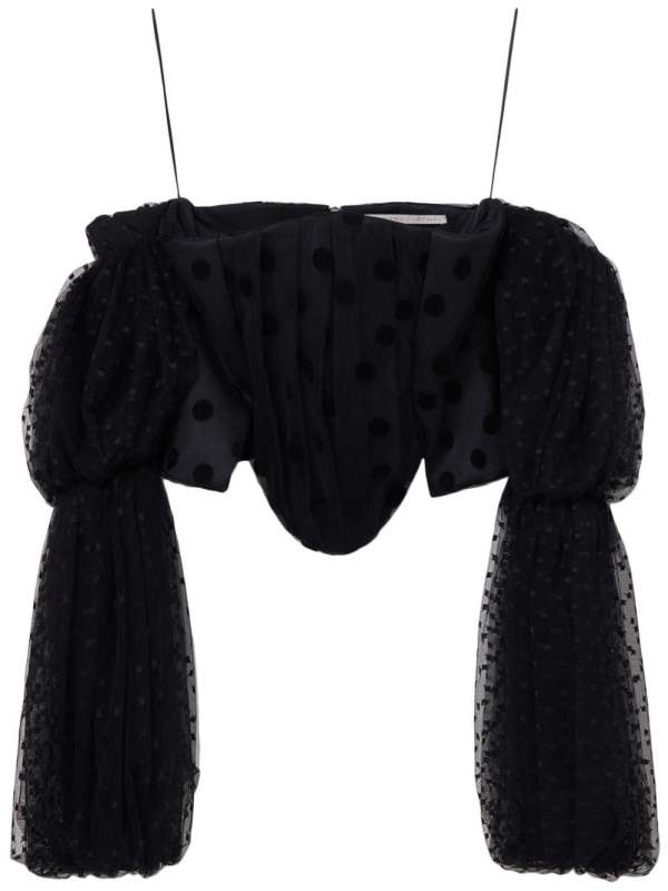 polka-dot off-shoulder bustier top