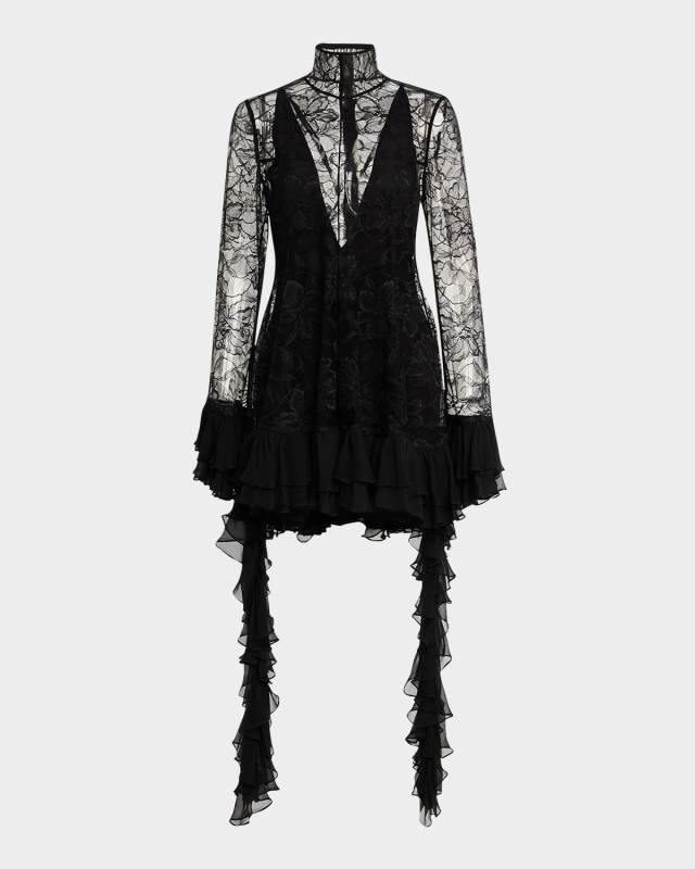 Aliya Long-Sleeve Ruffle Lace Mini Dress