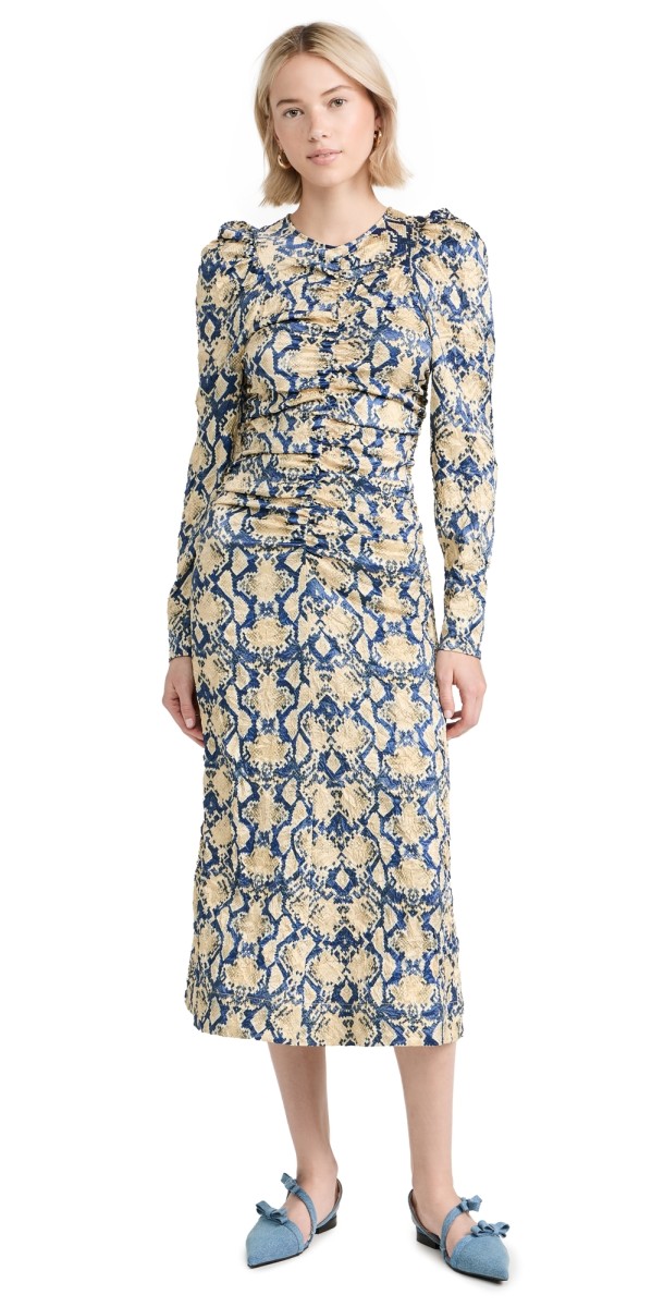 GANNI Crinkled Satin O-Neck Midi Dress Safari